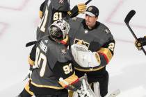 Vegas Golden Knights goalies Robin Lehner (90) and Marc-Andre Fleury (29) celebrate the team's ...