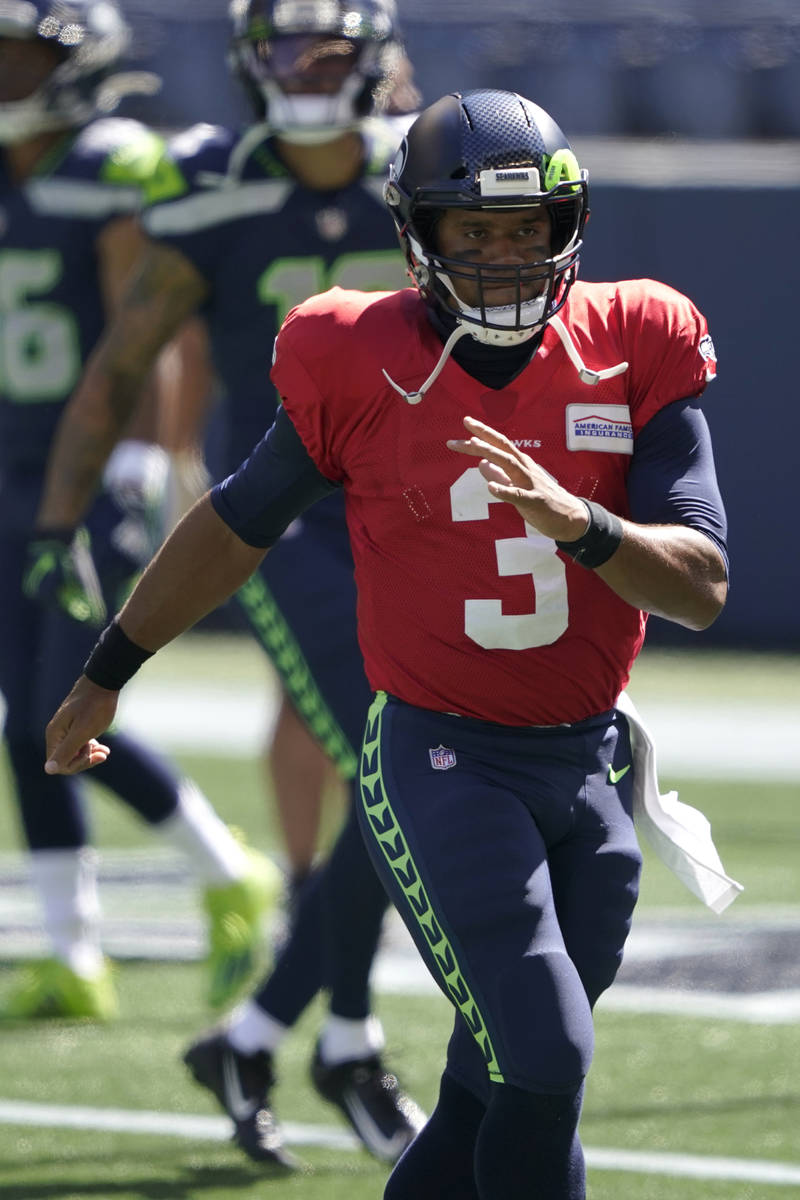 Seattle Seahawks quarterback Russell Wilson (3) during warmups before an NFL football mock game ...