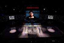 Vegas Golden Knights and Vancouver Canucks take part in a Black lives tribute at Game 3 of an N ...
