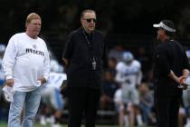 Oakland Raiders owner Mark Davis attends practice with Oakland Raiders play-by-play radio broad ...