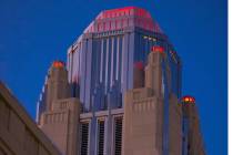 A shot of the test of red lights at the bell tower at Smith Center for the Performing Arts. The ...