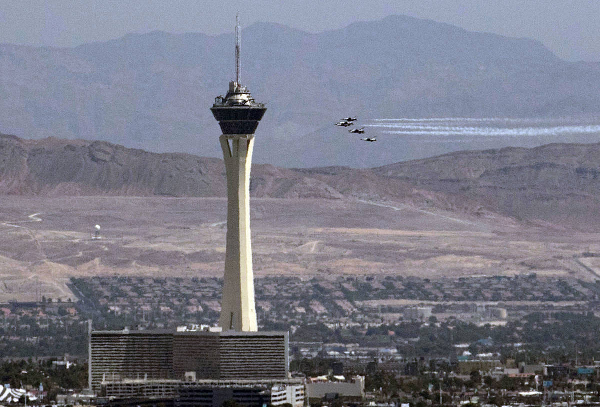 The U.S. Air Force Air Demonstration Squadron "Thunderbirds" do a flyover the Strip a ...