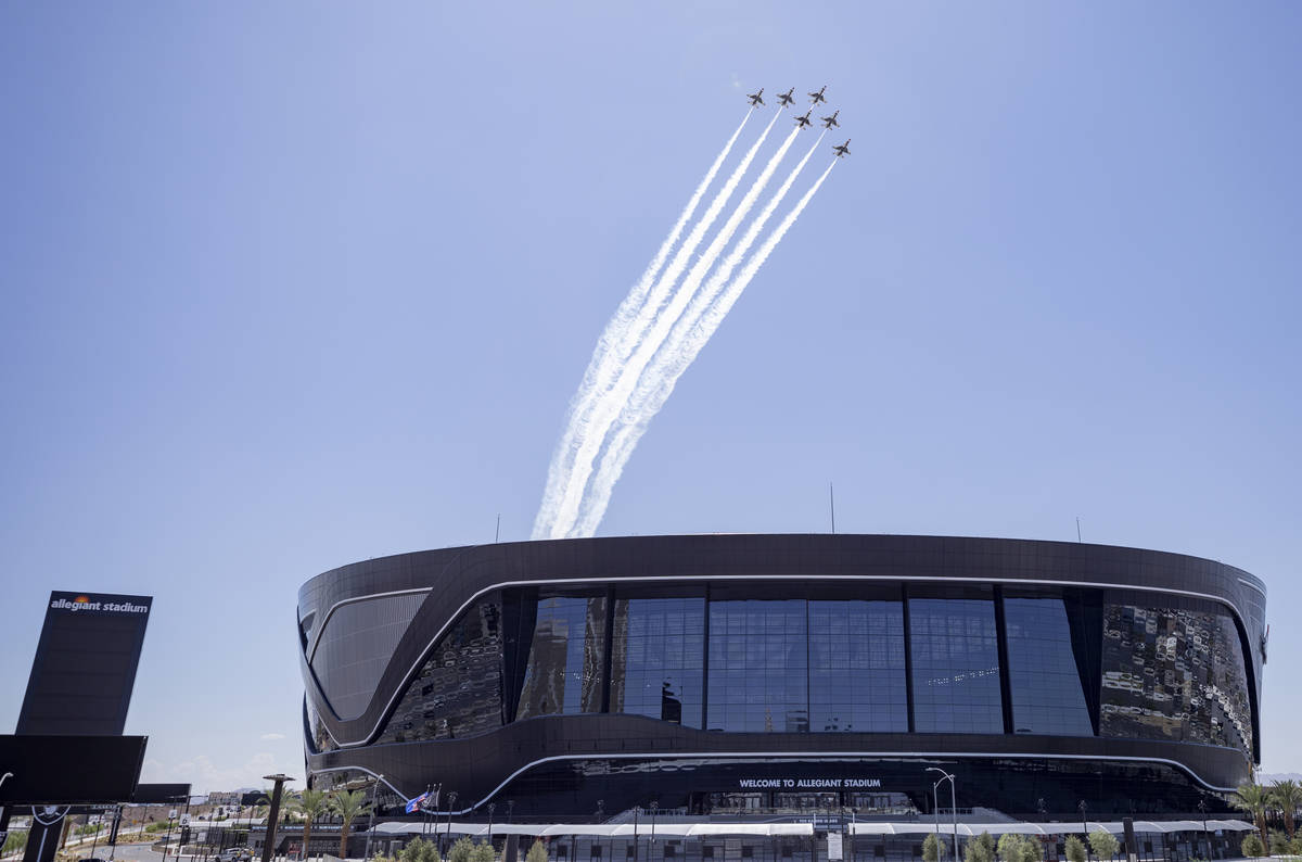 The U.S. Air Force Thunderbirds fly over the Allegiant Stadium on Monday afternoon, Aug. 31, 20 ...