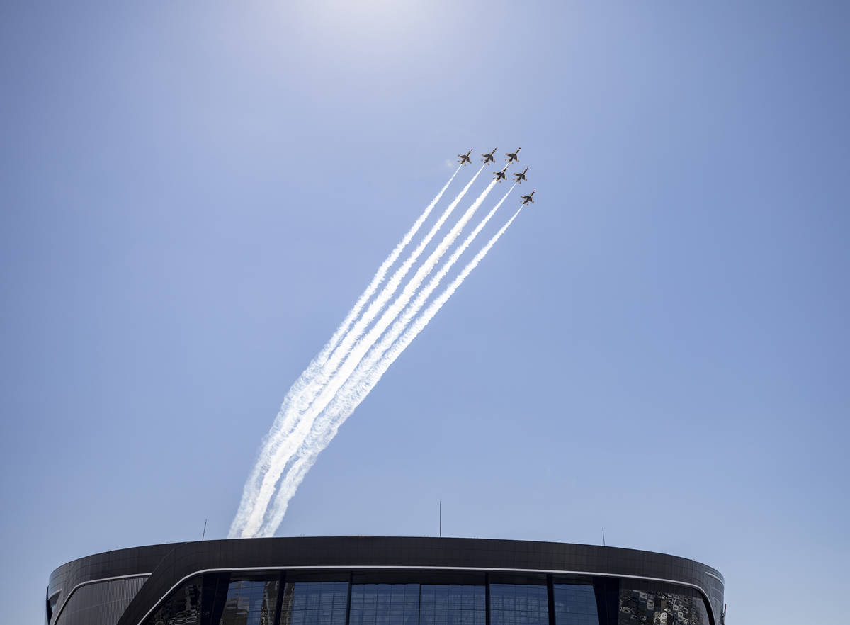 The U.S. Air Force Thunderbirds fly over the Allegiant Stadium on Monday afternoon, Aug. 31, 20 ...