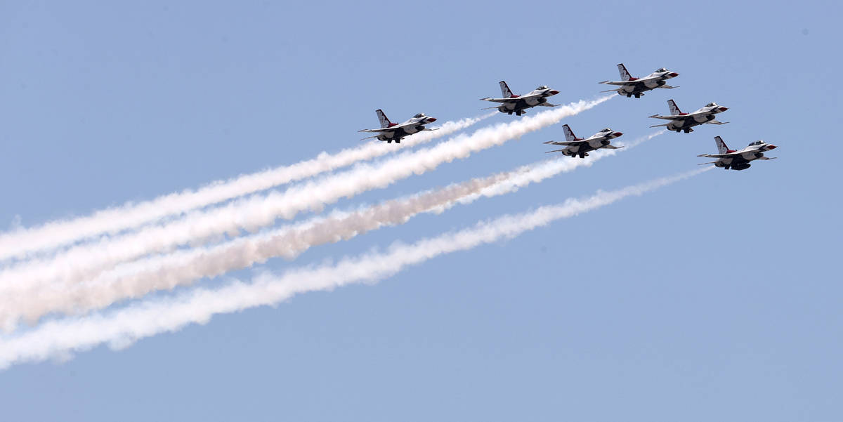 The U.S. Air Force Thunderbirds fly over the Las Vegas Valley on Monday afternoon. (K.M. Cannon ...