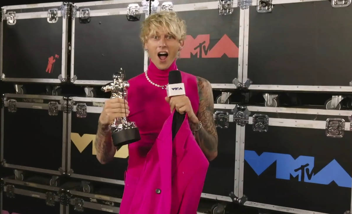 In this video grab issued Sunday, Aug. 30, 2020, by MTV, Machine Gun Kelly, also known as MGK, ...