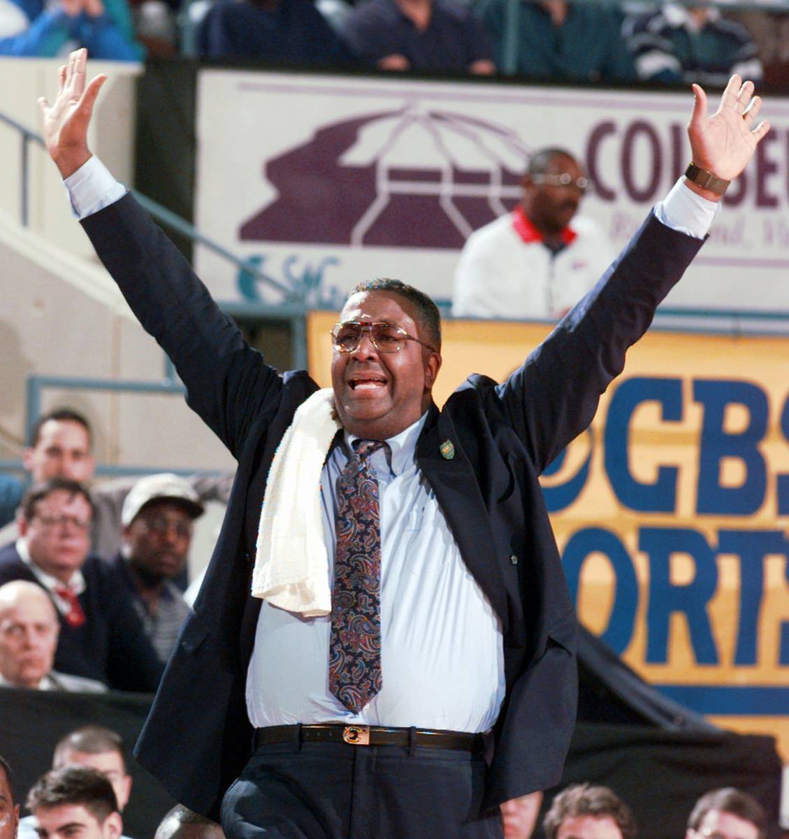 FILE - In this March 15, 1996, file photo, Georgetown head coach John Thompson yells to his pla ...