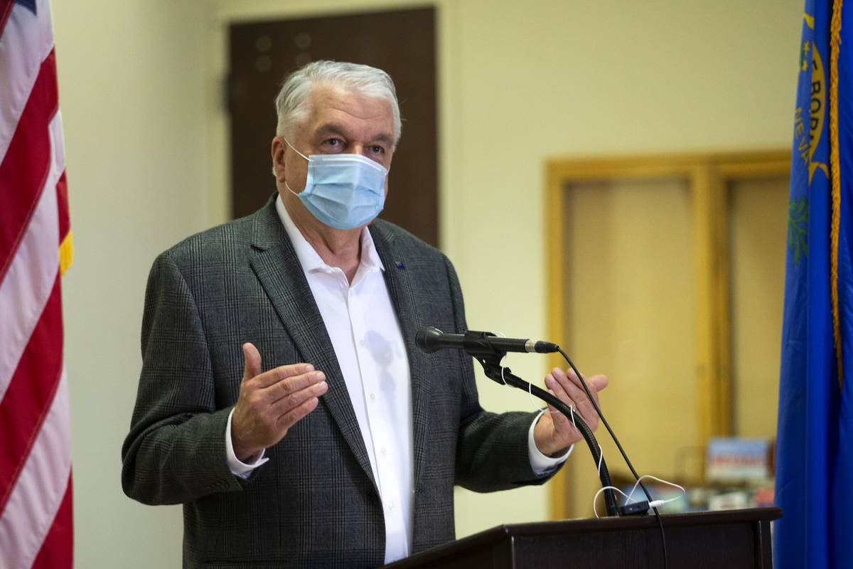 Gov. Steve Sisolak gives an update on Nevada's COVID-19 response efforts during a press confere ...