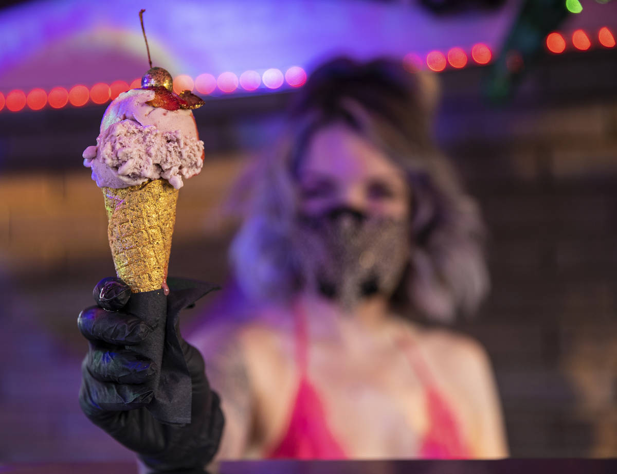 Founder and head creamstress Valerie Stunning holds an ice cream cone called “Baby Strip ...