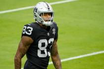 Las Vegas Raiders tight end Darren Waller (83) attends an NFL football training camp practice F ...