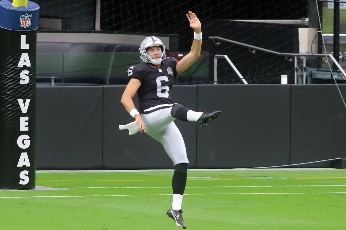 Las Vegas Raiders punter AJ Cole (6) warms up prior to a team practice at Allegiant Stadium in ...