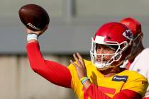 Kansas City Chiefs quarterback Patrick Mahomes passes during an NFL football training camp prac ...