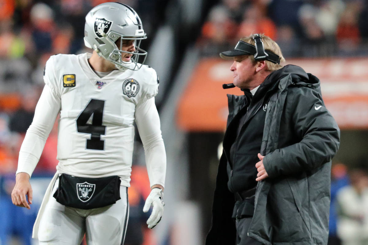 Oakland Raiders quarterback Derek Carr (4) and head coach Jon Gruden discuss a play call during ...