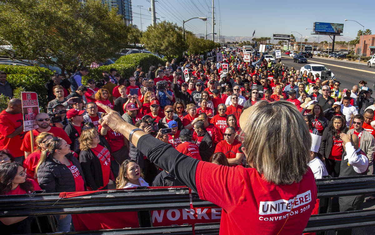 Culinary Union Local 226 Secretary-Treasurer Geoconda Arguello-Kline speaks on the street in fr ...