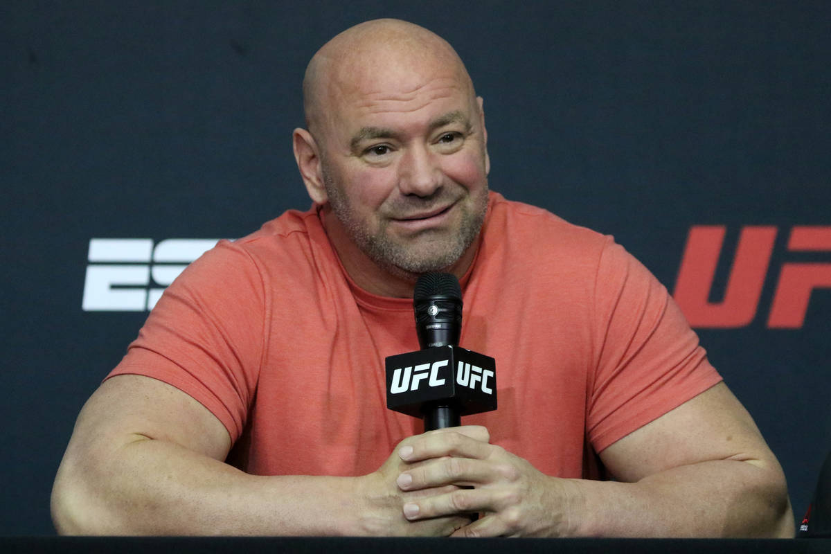 UFC president Dana White takes questions during a post-fight news conference at the UFC Apex af ...