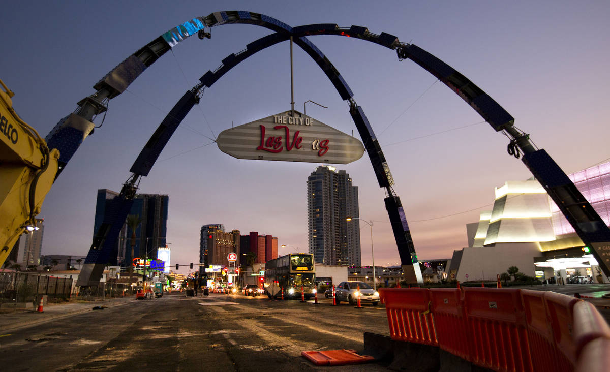 Illuminated Gateway Arches Welcome Visitors to Downtown Las Vegas