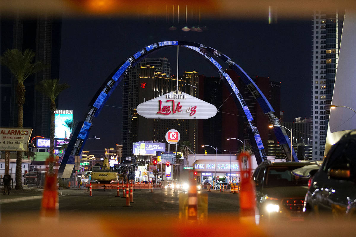 A pair of $6.5 million-dollar arches tower 80 feet above Las Vegas Boulevard on Monday, Aug. 31 ...