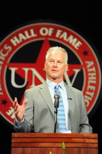 Kenny Mayne speaks at the UNLV Athletics Hall of Fame induction ceremony at South Point Resort ...