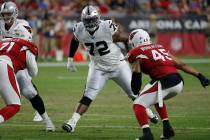 In this Aug. 15, 2019, file photo, Oakland Raiders offensive tackle David Sharpe (72) looks to ...