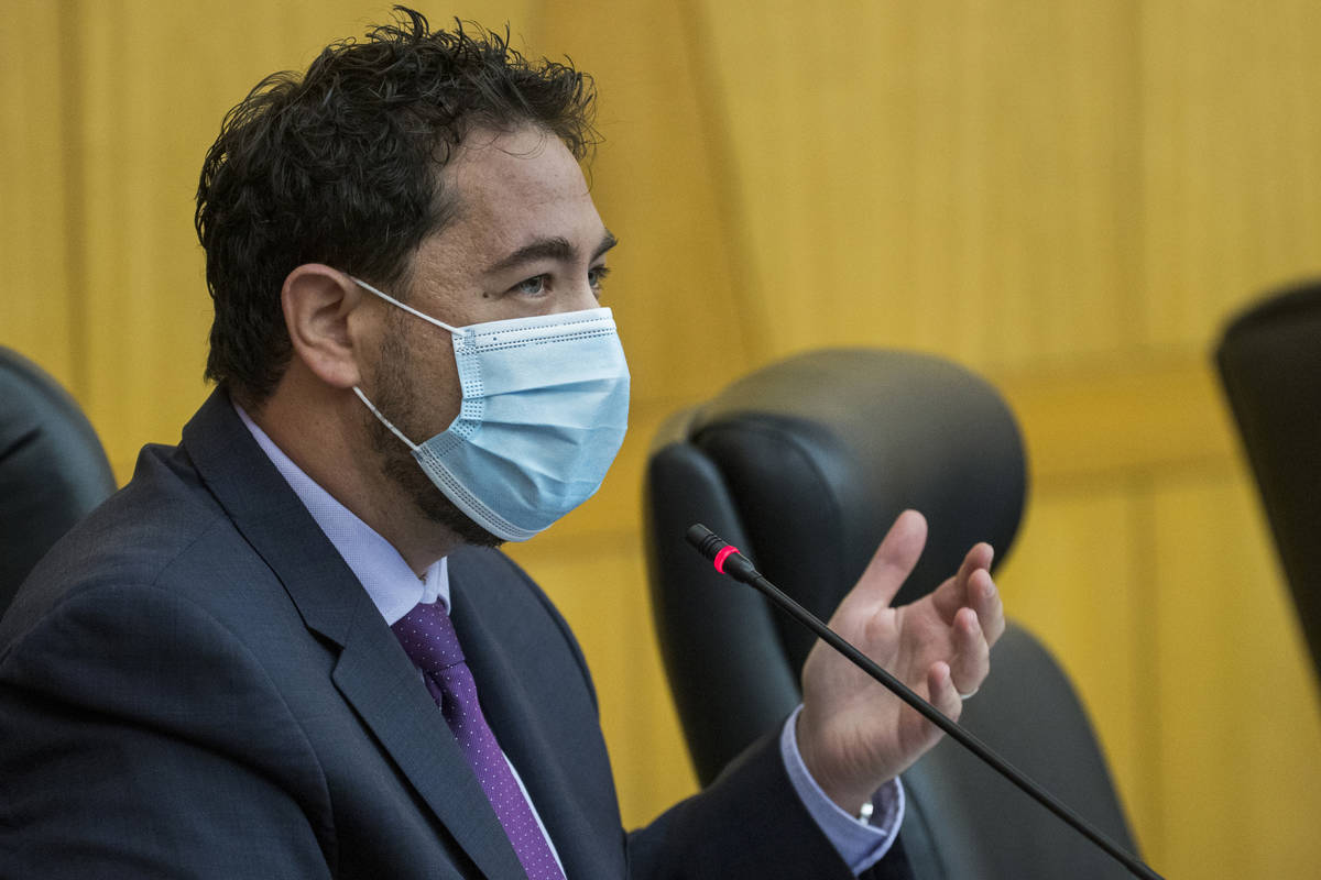 Commissioner Michael Naft speaks during a Clark County Board of Commissioners meeting on Tuesda ...