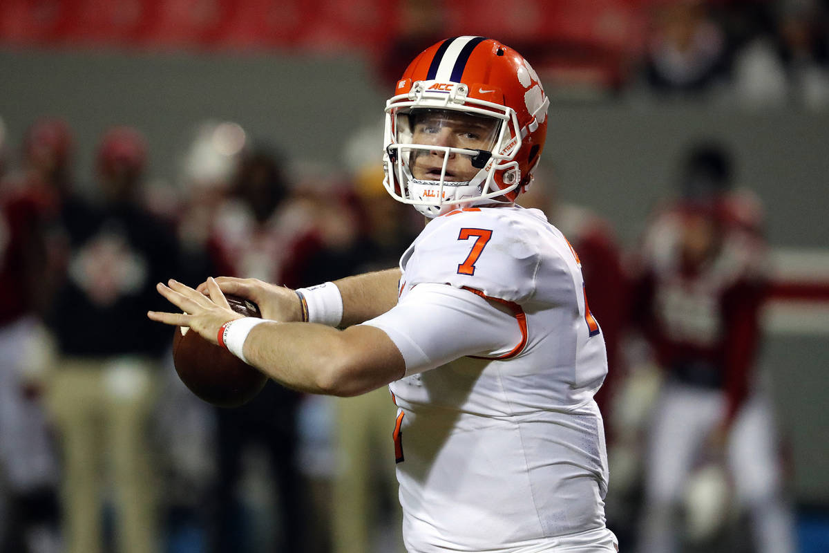 FILE - In this Saturday, Nov. 9, 2019, file photo, Clemson's Chase Brice (7) passes the ball ag ...