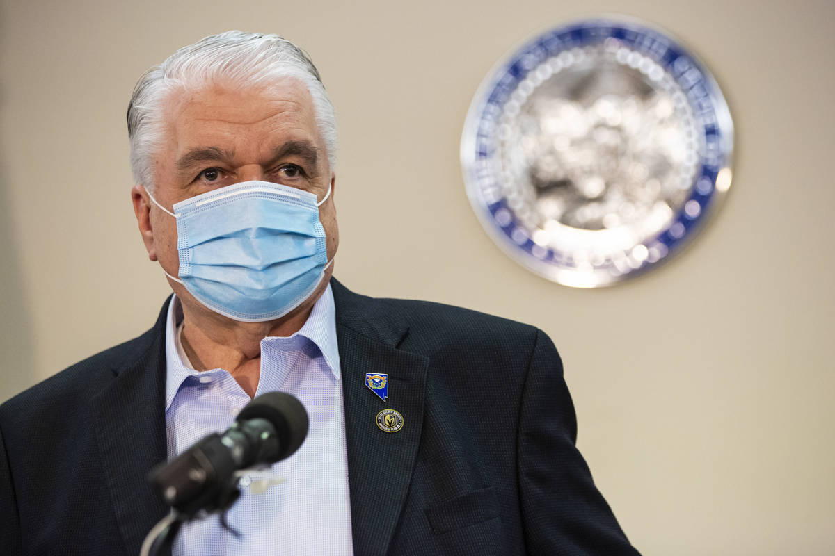 Gov. Steve Sisolak gives an update on the state's COVID-19 response at the Sawyer Building in L ...