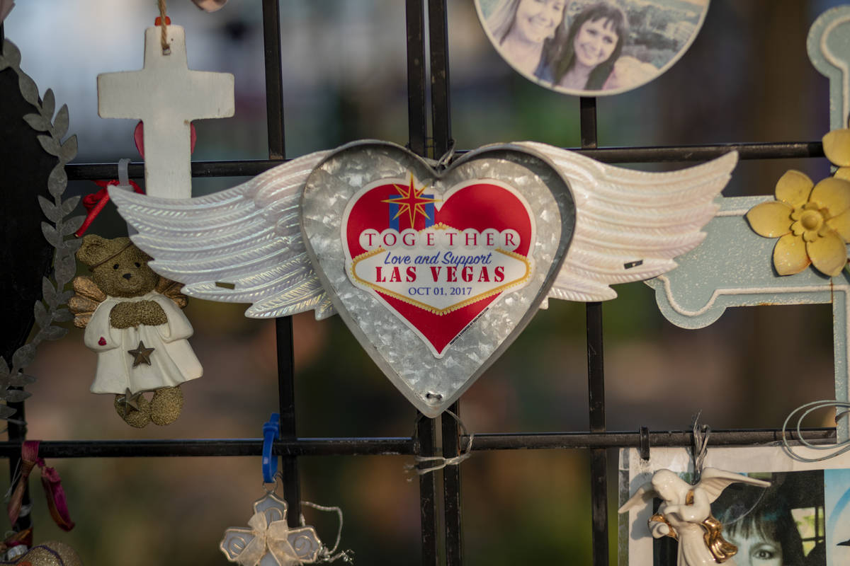 Relics seen adorning memorials for victims of Route 91, at the Las Vegas Healing Garden, in Las ...