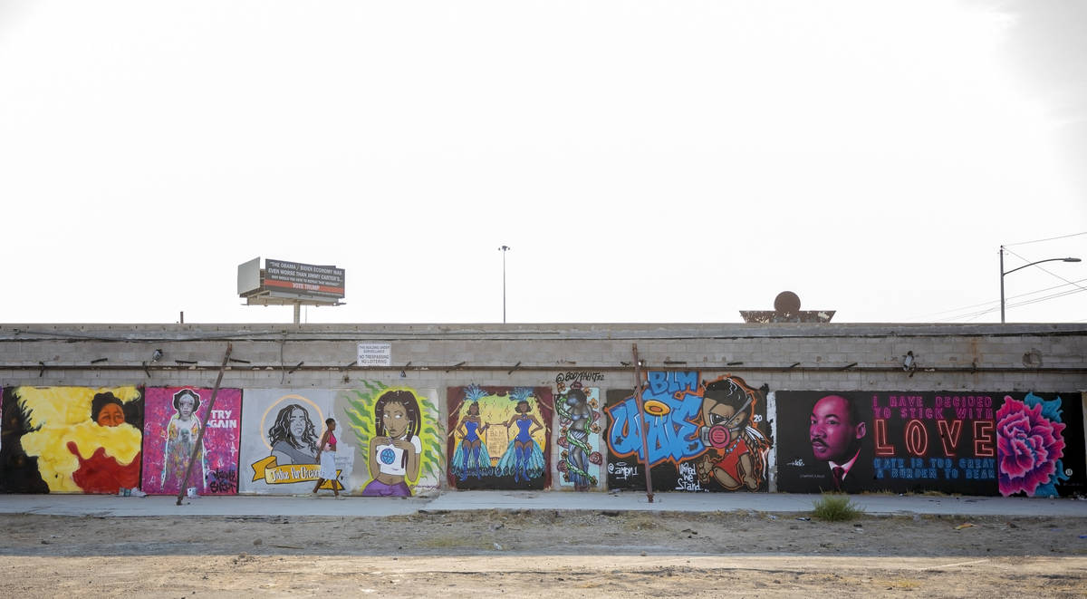 Murals are seen near the Moulin Rouge lot in Las Vegas on Tuesday, Aug. 18, 2020. (Elizabeth Br ...