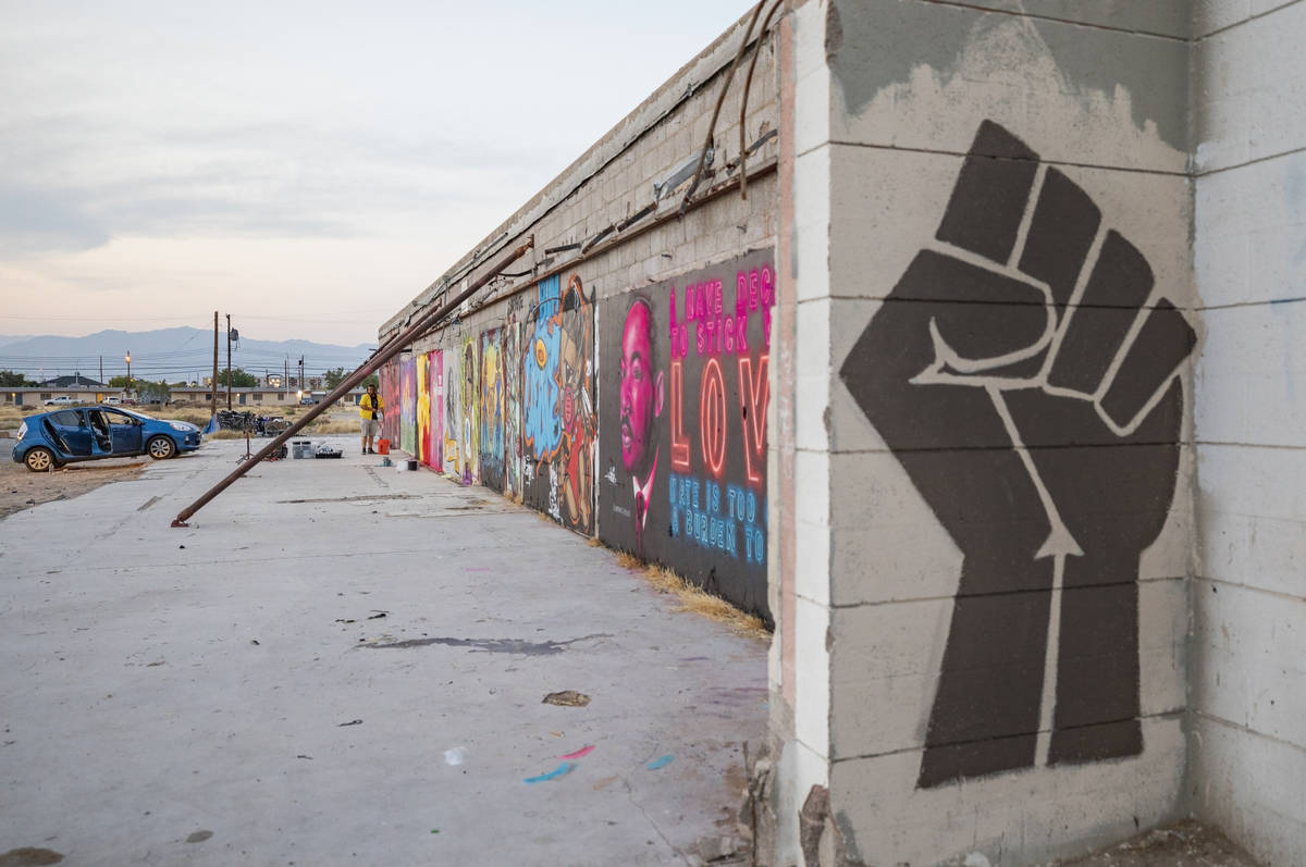 Black Lives Matter murals are seen near the Moulin Rouge lot in Las Vegas on Tuesday, Aug. 18, ...