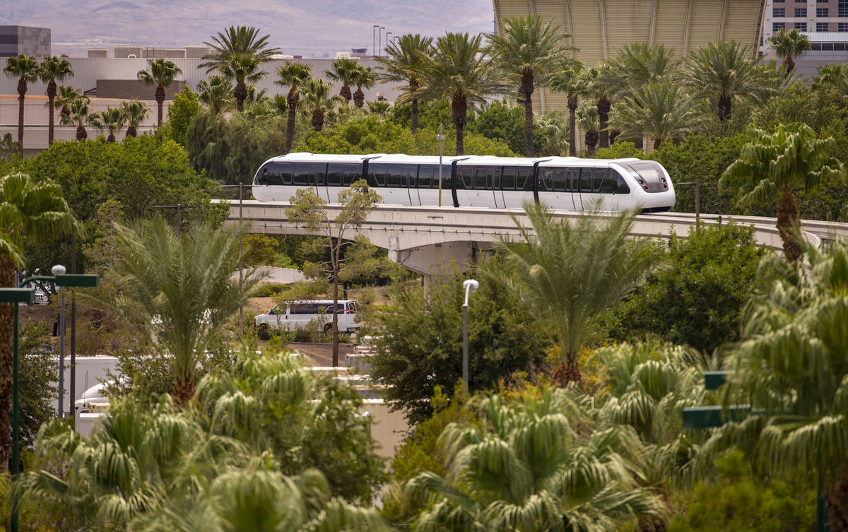 A train makes its way towards the Westgate Station along the Las Vegas Monorail system on Sunda ...
