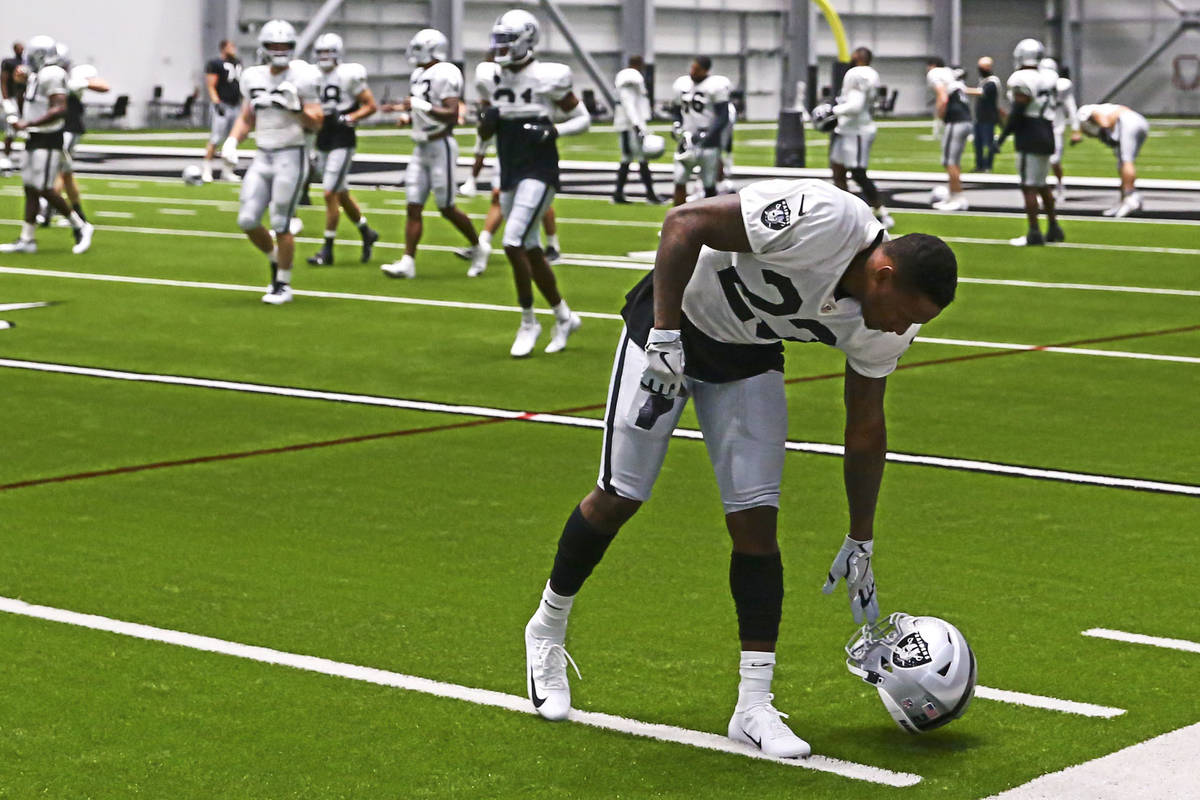 In this Aug. 26, 2020, file photo, Las Vegas Raiders safety Damarious Randall gets ready to str ...