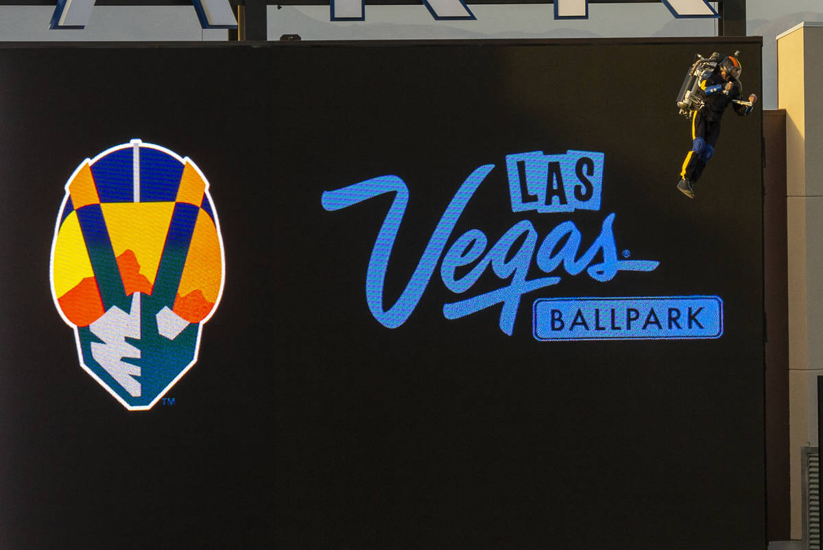 The Aviator hovers into the ballpark during the pregame events at the Las Vegas Aviators home o ...