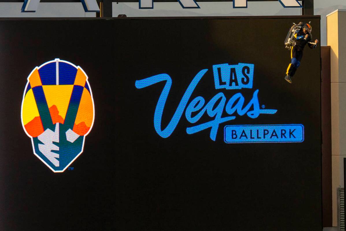 The Aviator hovers into the ballpark during the pregame events at the Las Vegas Aviators home o ...