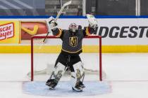 Vegas Golden Knights goalie Robin Lehner celebrates the team's win over the Vancouver Canucks i ...