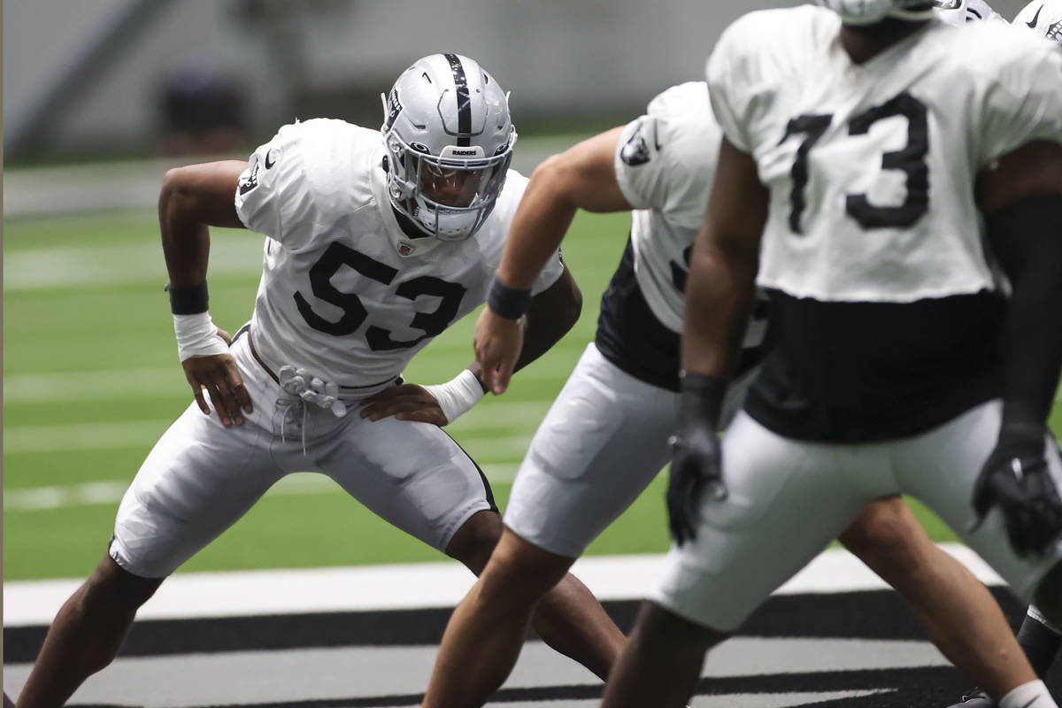 In this Aug. 25, 2020, file photo, Las Vegas Raiders linebacker Javin White (53) warms up with ...