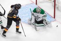 Vegas Golden Knights' Mark Stone (61) is stopped by Dallas Stars goalie Anton Khudobin (35) dur ...