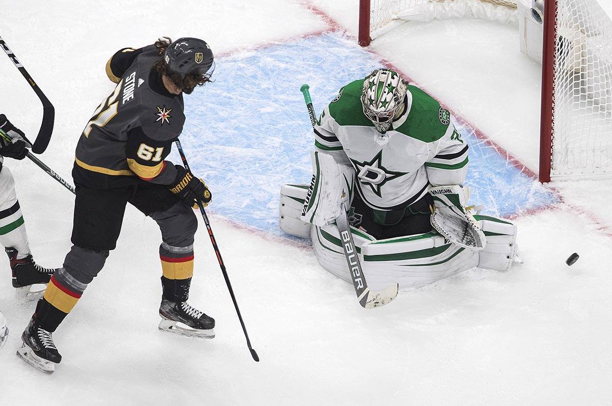 Vegas Golden Knights' Mark Stone (61) is stopped by Dallas Stars goalie Anton Khudobin (35) dur ...