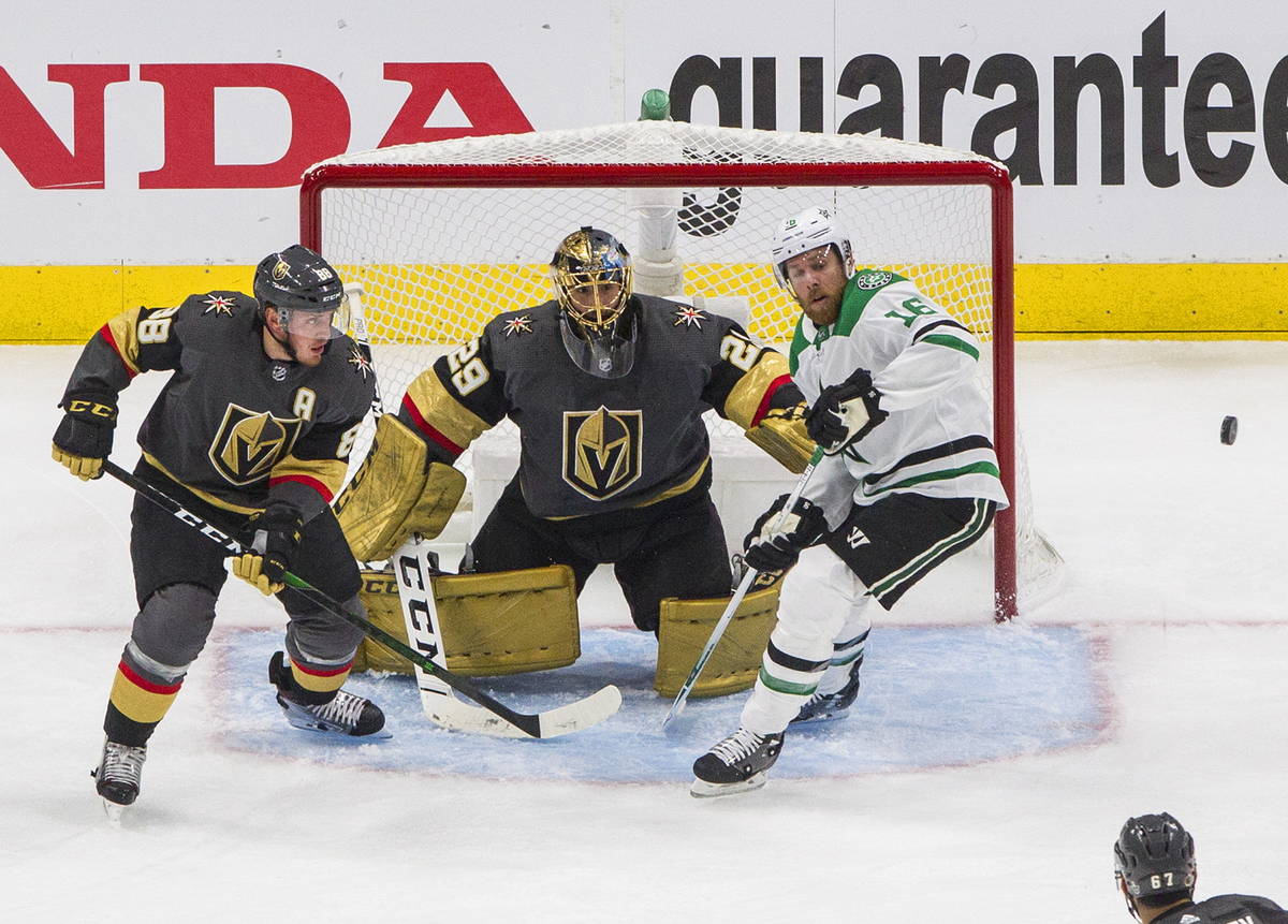 Vegas Golden Knights goalie Marc-Andre Fleury (29) makes the save on Dallas Stars' Joe Pavelski ...