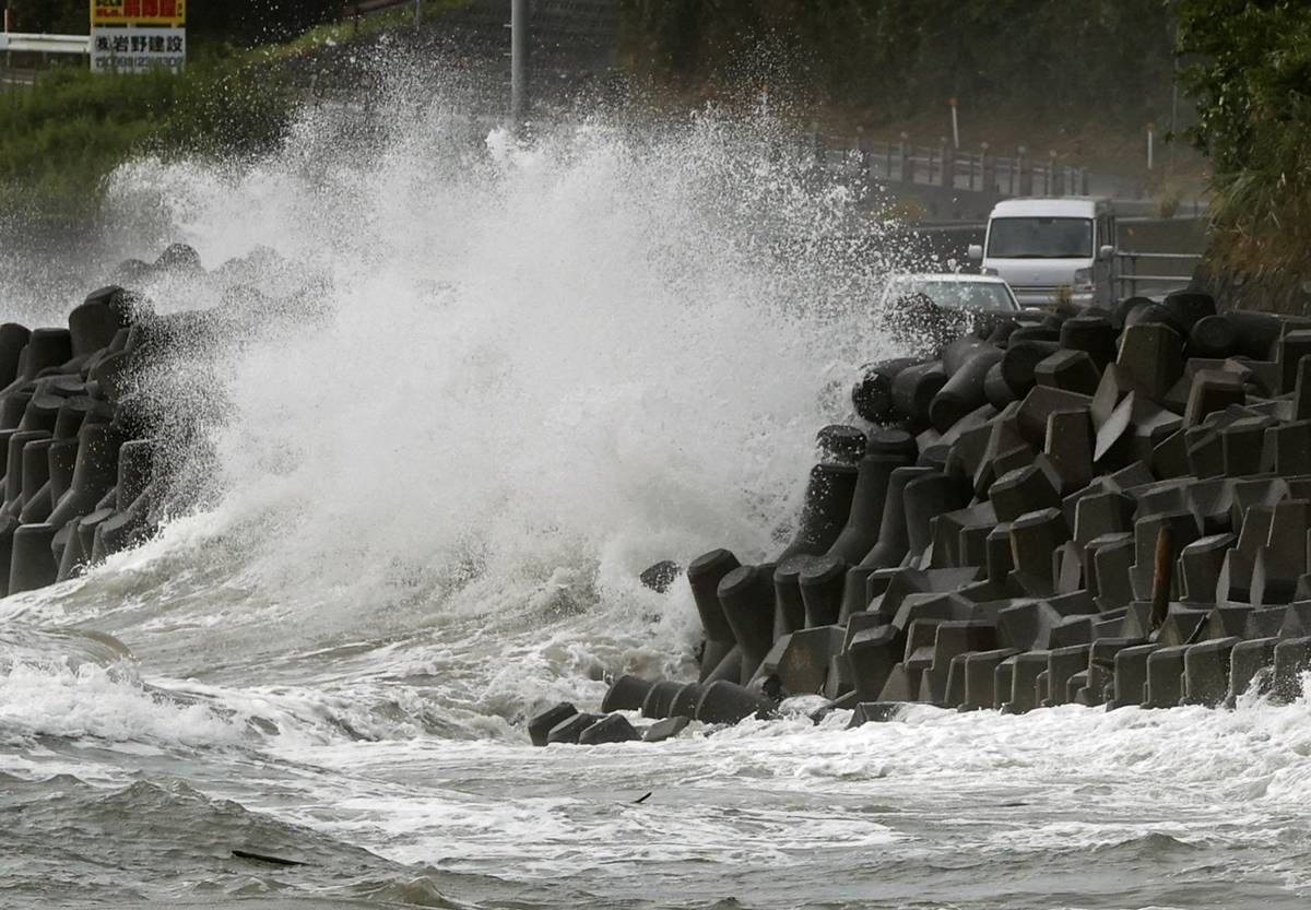 High waves pound the coast of the Kagoshima city, southwestern Japan Sunday, Sept. 6, 2020. The ...