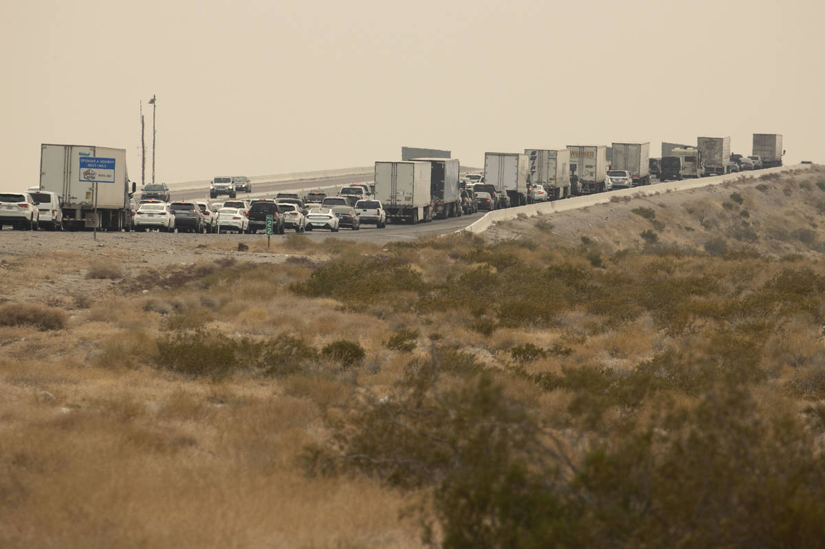 Southbound Interstate-15 traffic builds at mile marks 5 north Primm on Monday, Sept. 7, 2020. ( ...