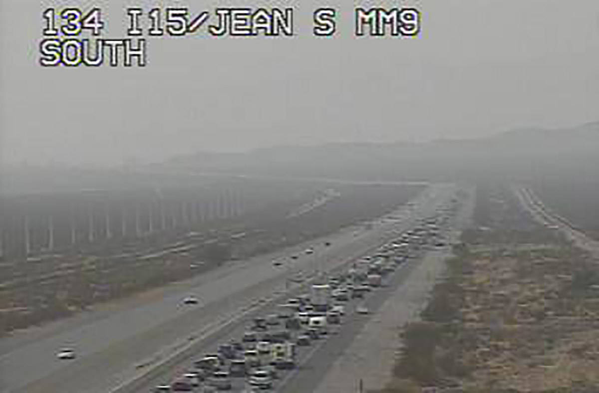 Traffic slogs southward on Interstate 15 near Jean at mile marker 9 about 11 a.m. Monday, Sept. ...