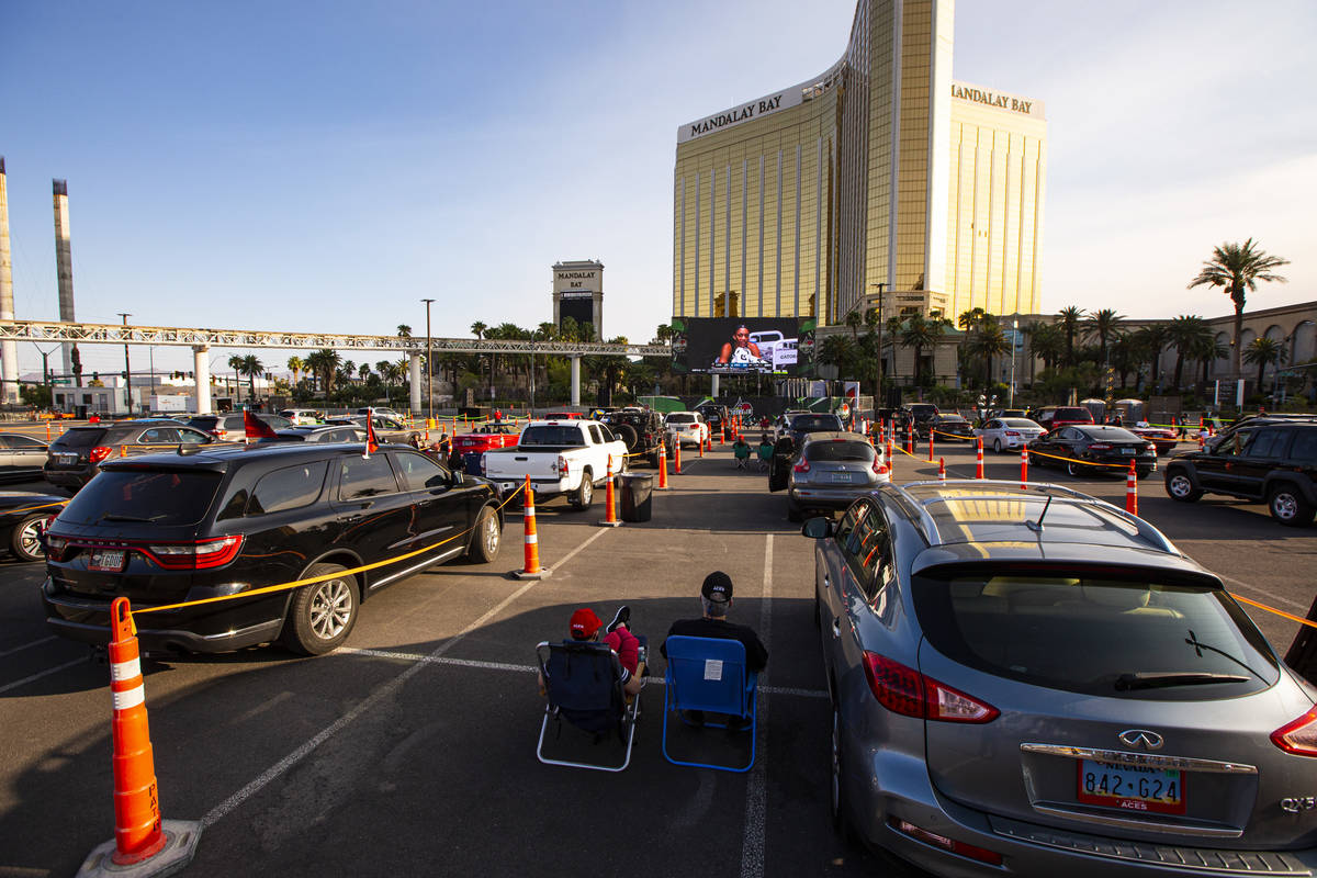 Las Vegas Aces fans watch the action during a drive-in showing of the Las Vegas Aces WNBA game ...