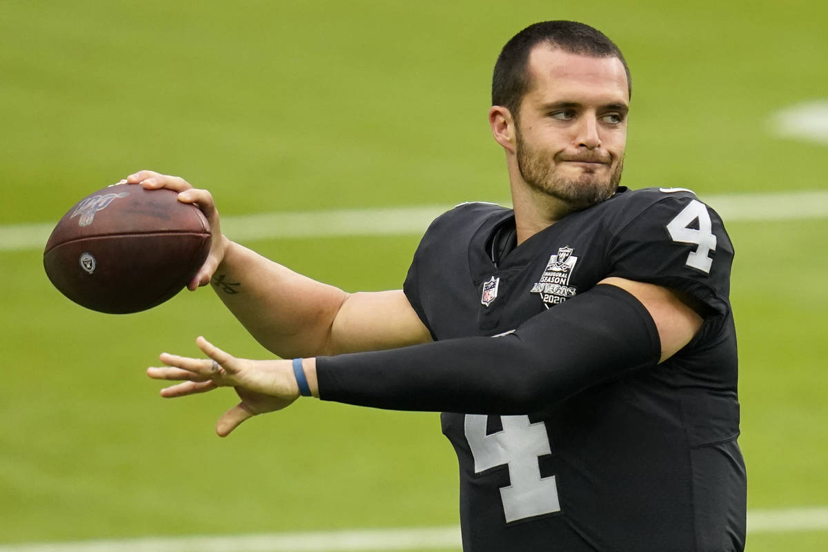 Las Vegas Raiders quarterback Derek Carr (4) throws a pass during an NFL football training camp ...