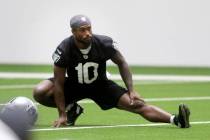 Las Vegas Raiders wide receiver Rico Gafford (10) stretches during a practice session at the te ...