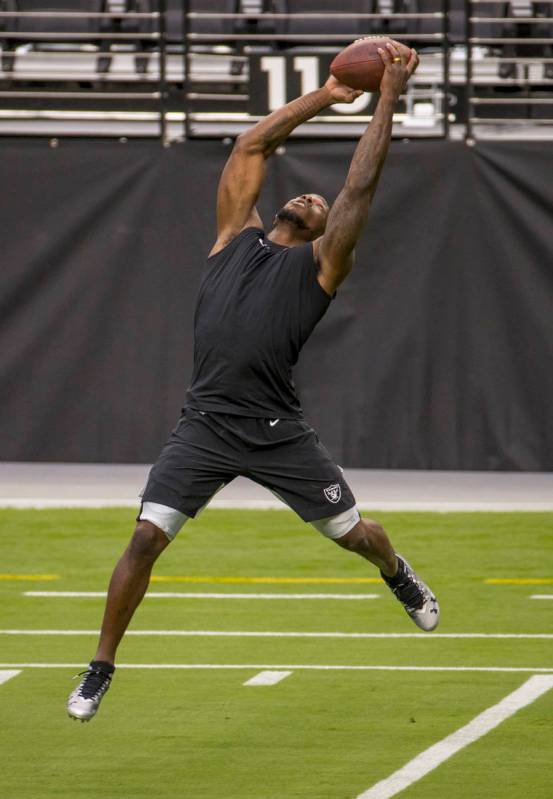 Las Vegas Raiders wide receiver Rico Gafford (10) extends for a catch during warm ups for a scr ...