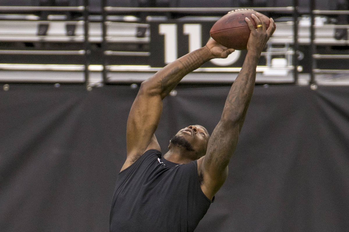 Las Vegas Raiders wide receiver Rico Gafford (10) extends for a catch during warm ups for a scr ...