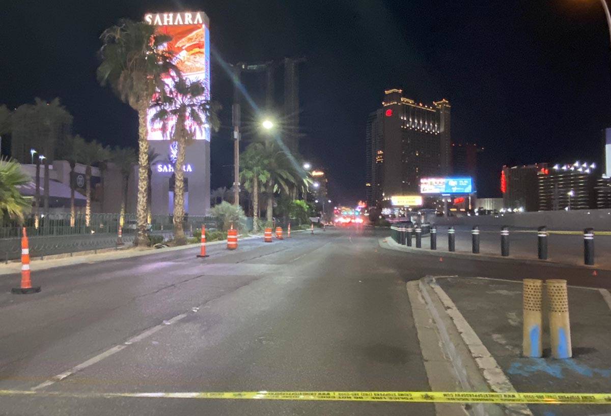 Police tape closes off Las Vegas Boulevard near Sahara Avenue early Wednesday, Sept. 9, 2020, w ...