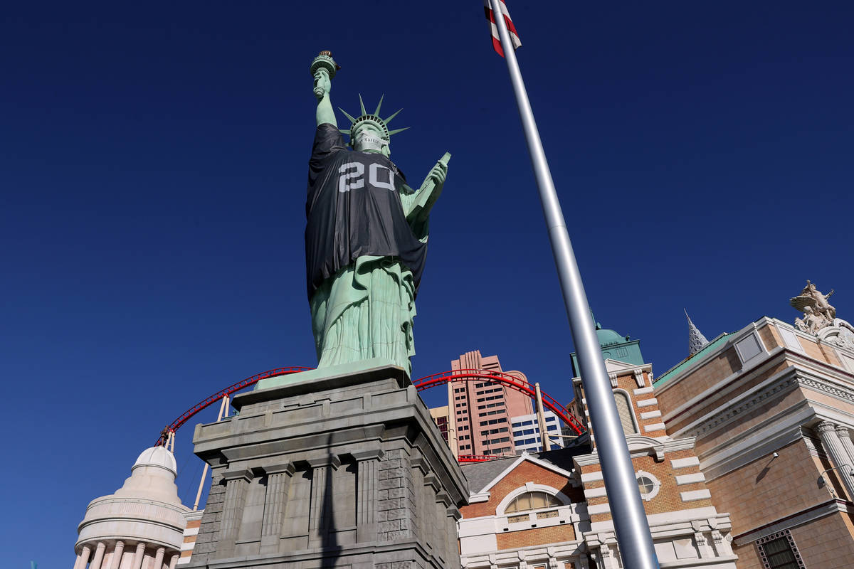 The Statue of Liberty dons a Las Vegas Raiders jersey at New York-New York on the Strip in Las ...