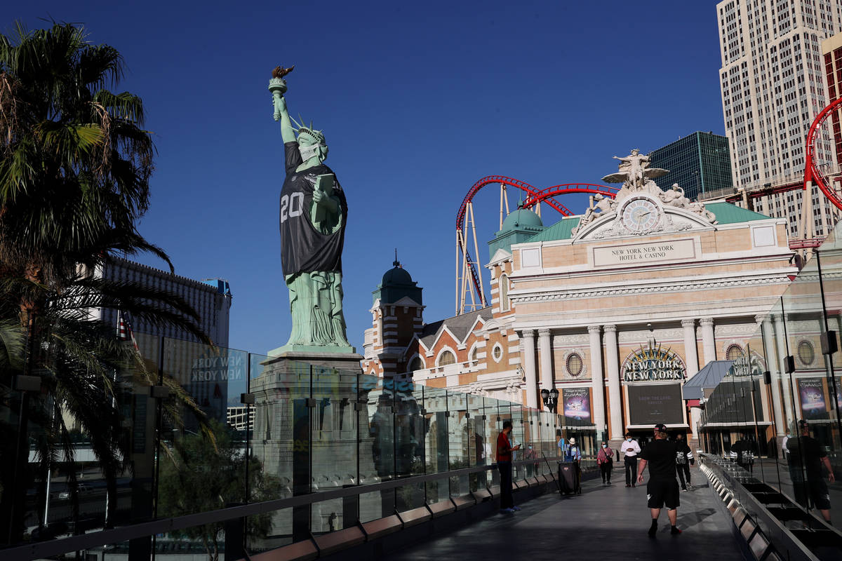 The Statue of Liberty dons a Las Vegas Raiders jersey at New York-New York on the Strip in Las ...