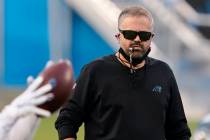 Carolina Panthers head coach Matt Rhule watches quarterback Teddy Bridgewater during an NFL foo ...